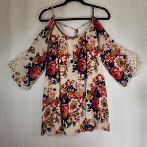 Umgee Shirt Womens Small Cream Pink Floral Shoulder Crochet Sleeve Open Back